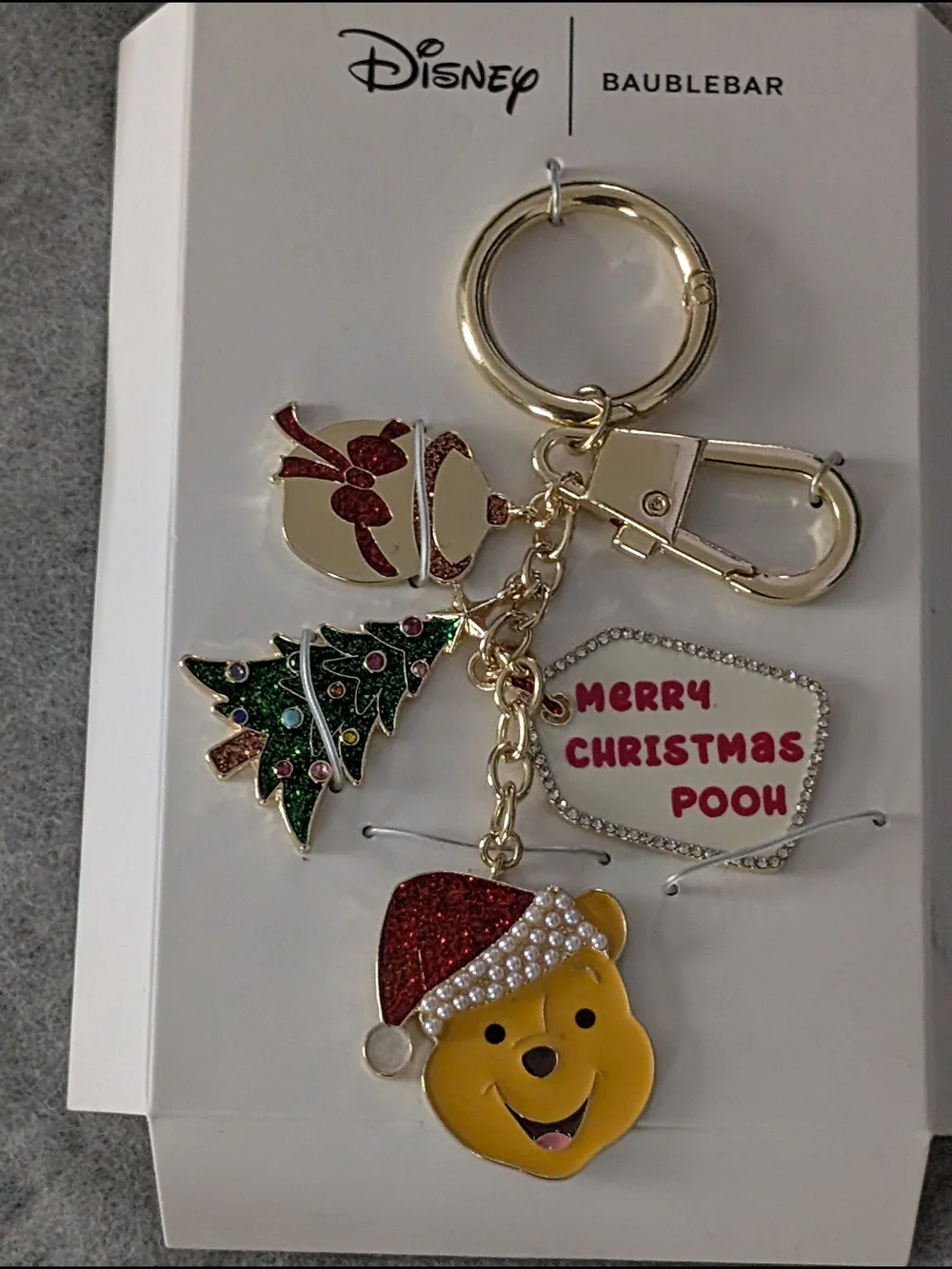 BaubleBar Gold-Tone Winnie the Pooh Holiday Keychain with Green & Red Accents